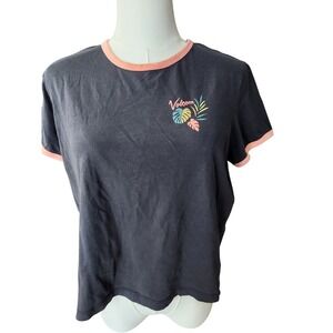 Volcom Womens L Organic Cotton Tropical Parrot Graphic Ringer T-Shirt Black Peac